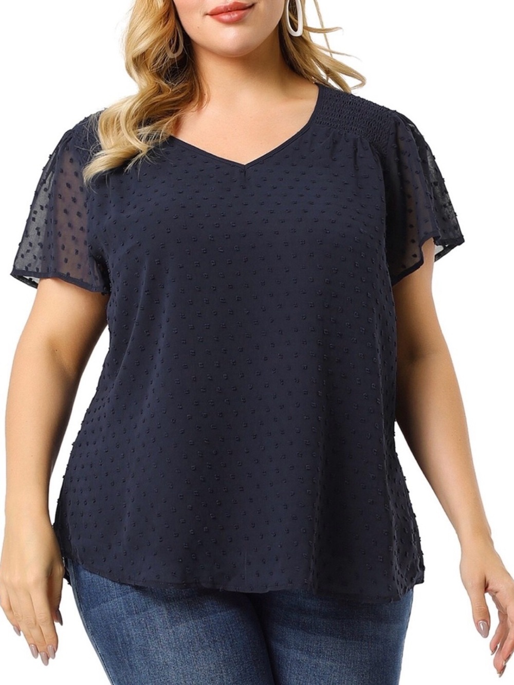 Plus Size Navy Swiss Dot V-Neck Blouse